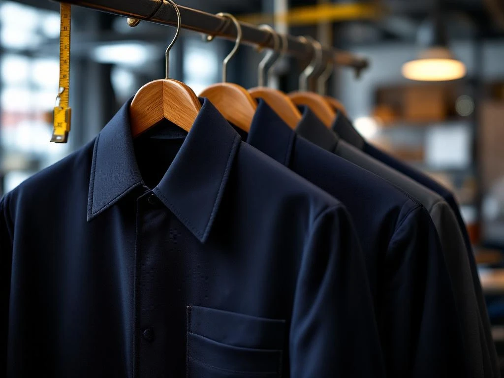 Hoogwaardige marineblauw en antraciet werkkleding op houten hangers in professionele kleermakersworkshop