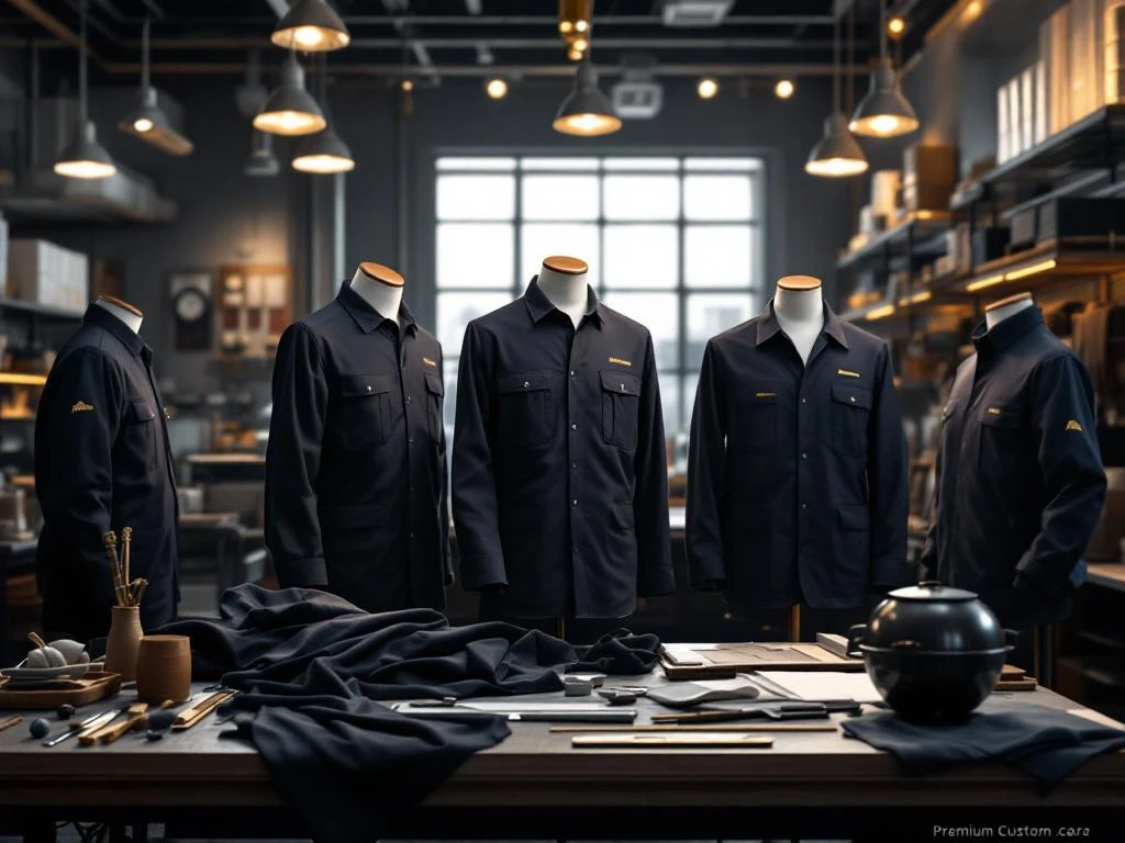 Hoogwaardige bedrijfskleding in marineblauw en antraciet op moderne werkplek met meetgereedschap en stoffenstalen