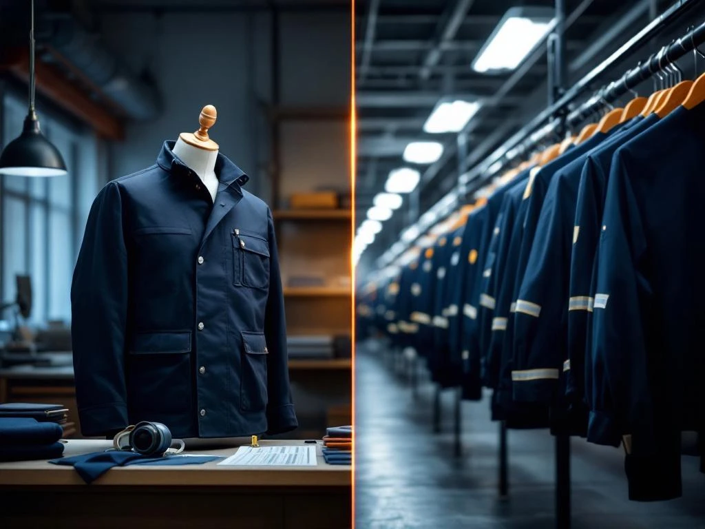Split-screen vergelijking van op maat gemaakt marineblauw werkjasje op paspop versus standaard uniformen op rekken