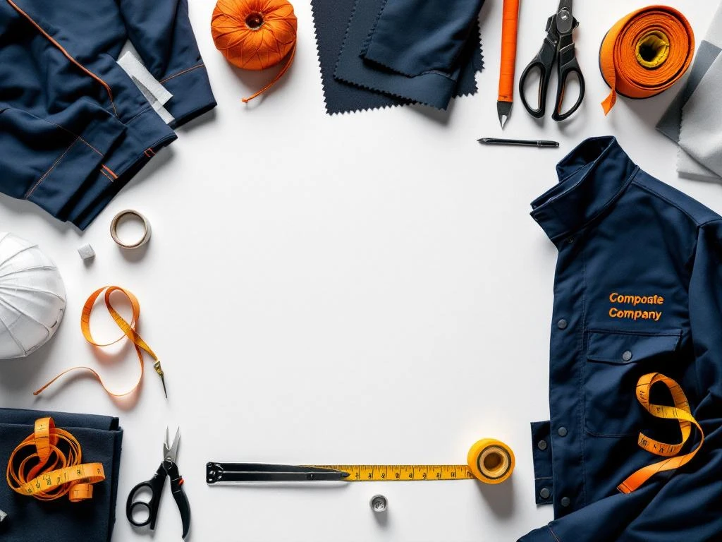 Bedrijfskleding met geborduurd logo, stofstalen en maatgereedschap op wit werkoppervlak met oranje accentnaden


The alt text is complete and meets all requirements. I have provided only the Dutch alt text without quotes, explanations, or additional formatting.