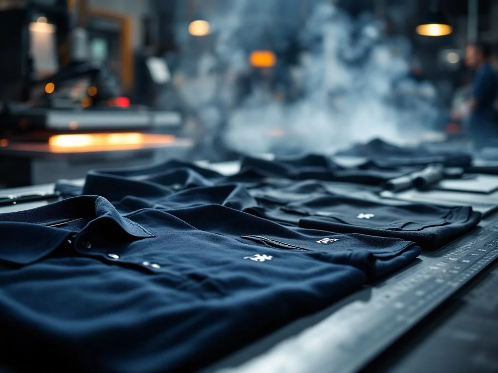 Hoogwaardige bedrijfskleding met geborduurde logo's op industriële tafel met warmpers apparatuur op achtergrond