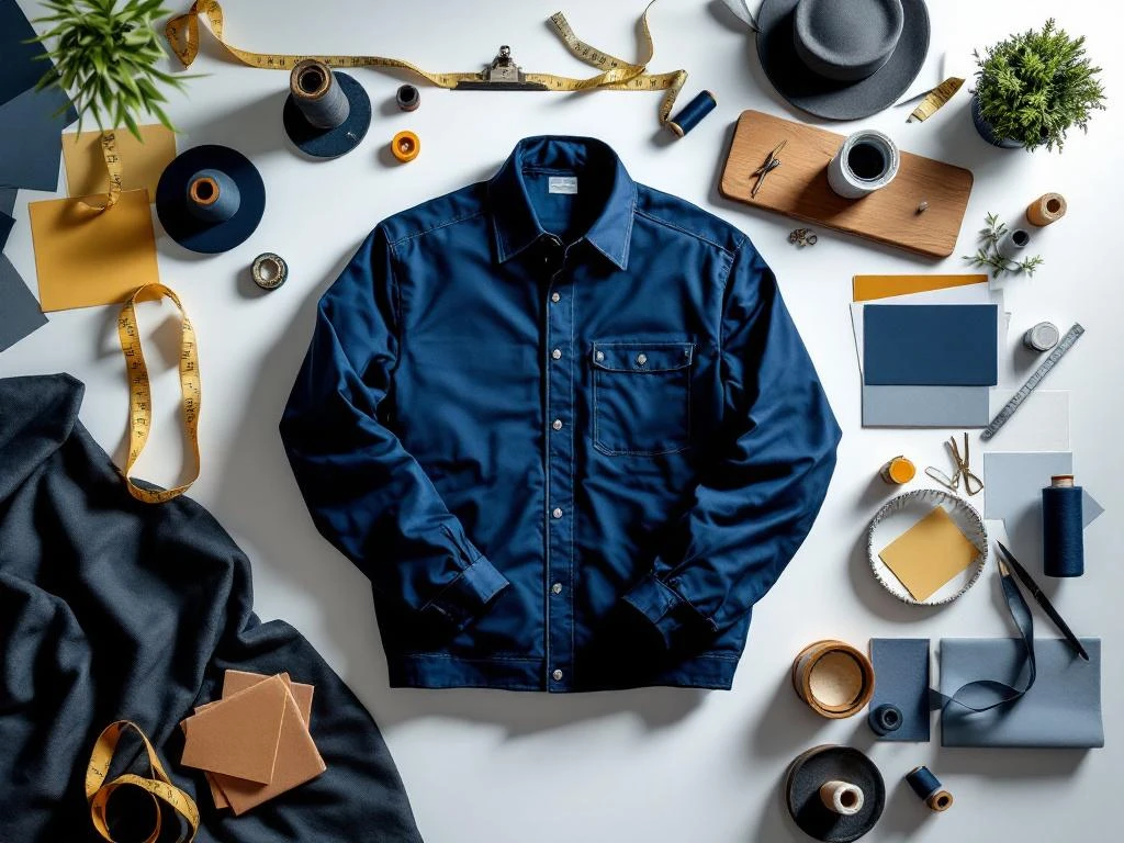 Gevouwen marineblauw werkjasje omringd door kleurstalen, meetlint en draadklosjes op witte ondergrond