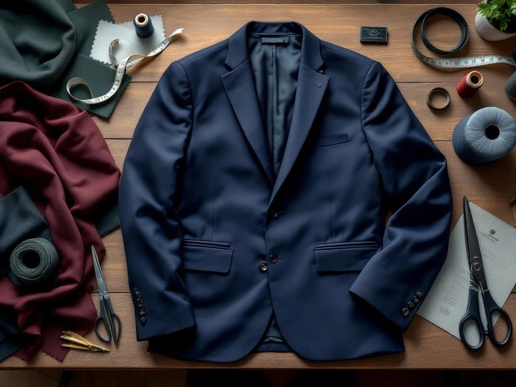 Marineblauw zakelijk jasje op kleermakerstafel met meetlint, stofstalen en borduurgarens in bovenaanzicht