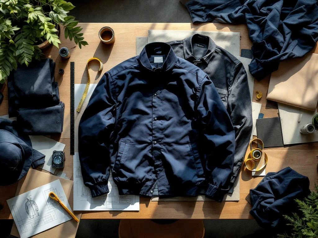 Kleermakerswerkplaats met marineblauwe en antraciet werkjassen in verschillende productiefasen op snijdtafel