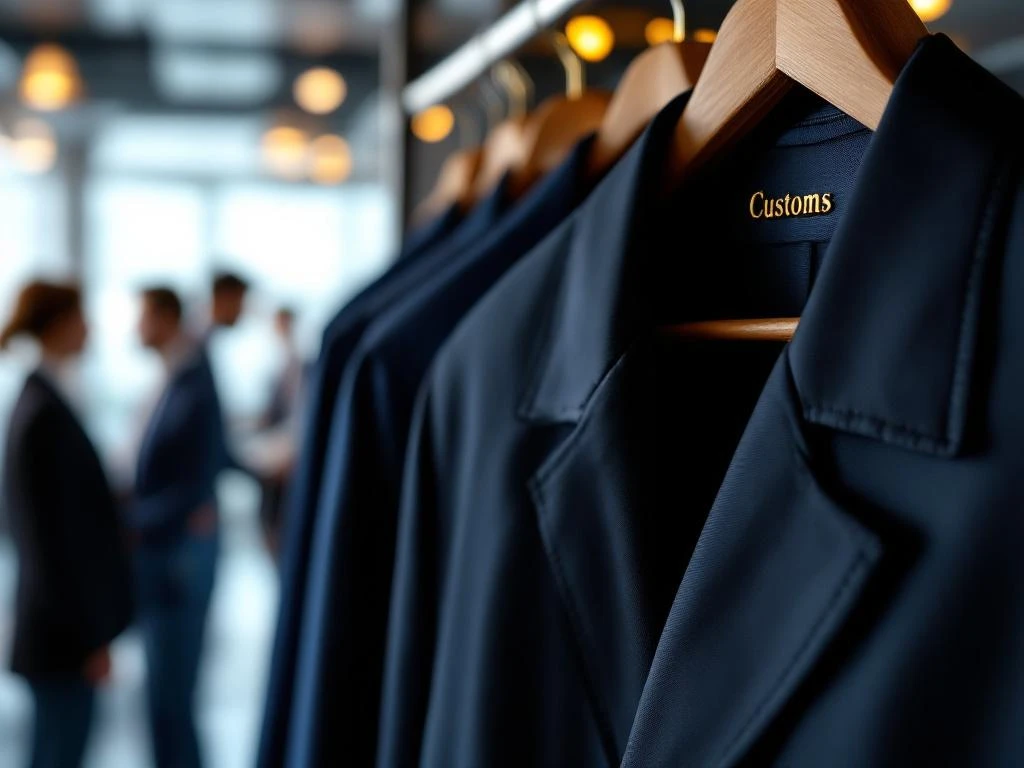 Maatgemaakte zakelijke uniformen in navy en antraciet op houten hangers met geborduurd logo in modern kantoor