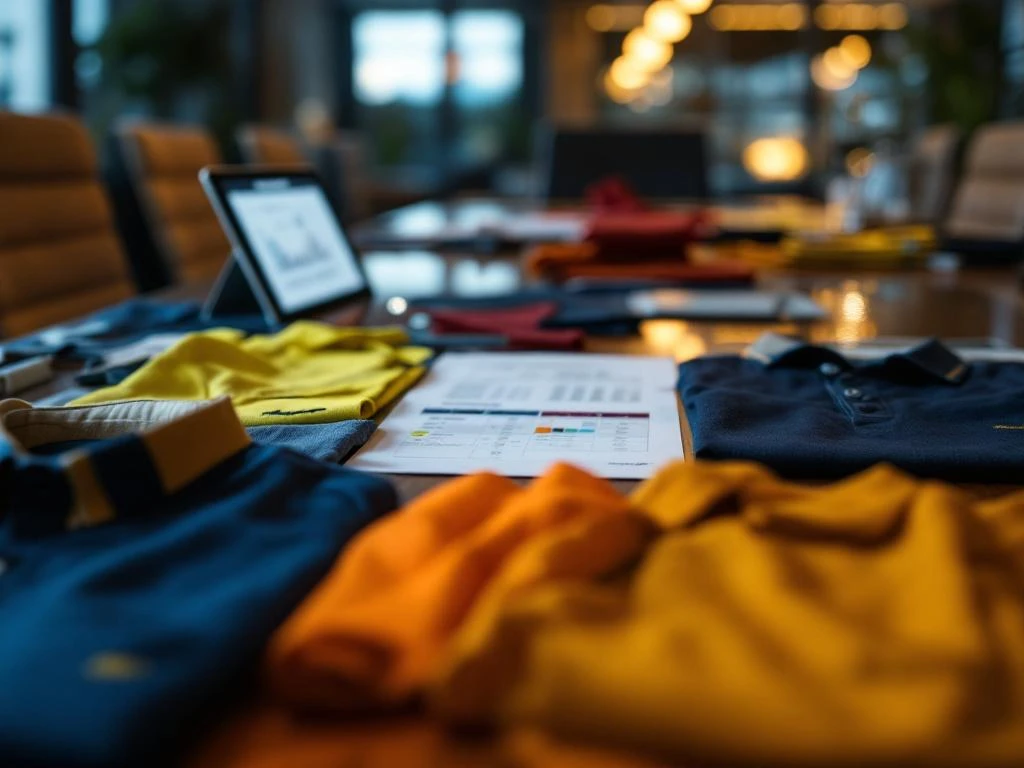 Professionele werkkleding monsters op vergadertafel met stofstalen, geborduurd poloshirts en veiligheidsvesten