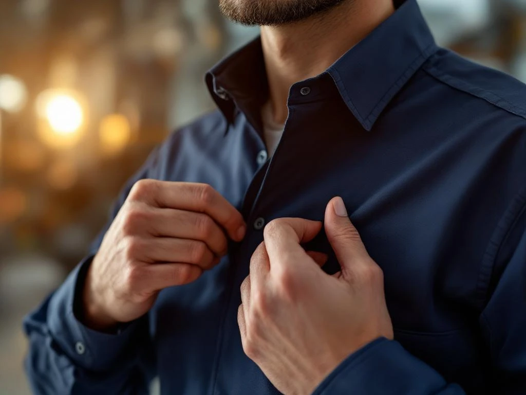 Werknemer past kraag van marineblauw bedrijfskleding aan met focus op vakmanschap en pasvorm