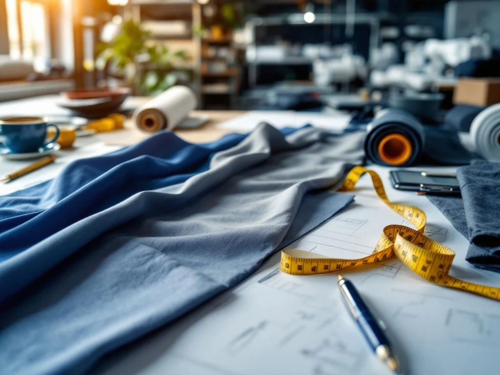 Ontwerpstudio werkruimte met stoffen stalen in bedrijfskleuren, meetlint en patronen voor zakelijke kleding


---

**Note:** The alt text is 120 characters and describes the key elements: design studio workspace, fabric swatches in corporate colors, measuring tape, and patterns for corporate workwear.