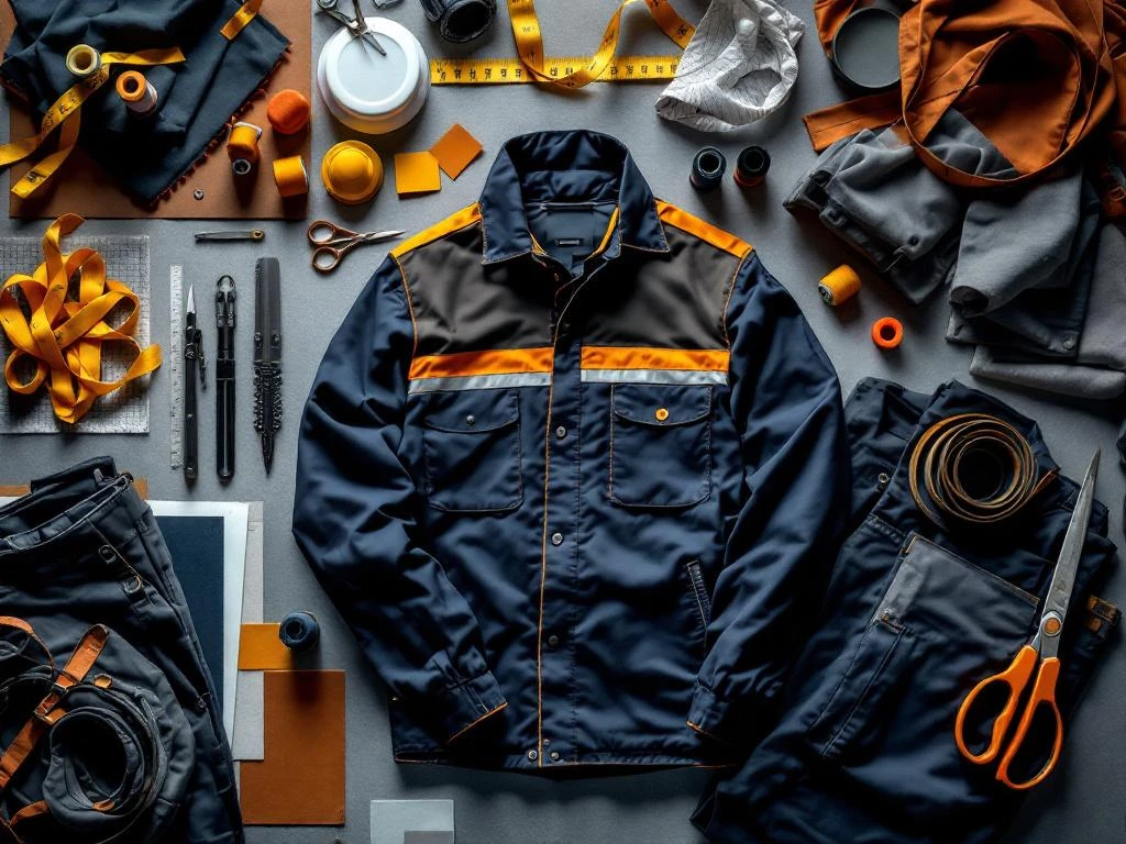 Bovenaanzicht van bedrijfskleding met werkjas, polo, veiligheidsvest en broek op kleermakerstafel met meetlint en schaar