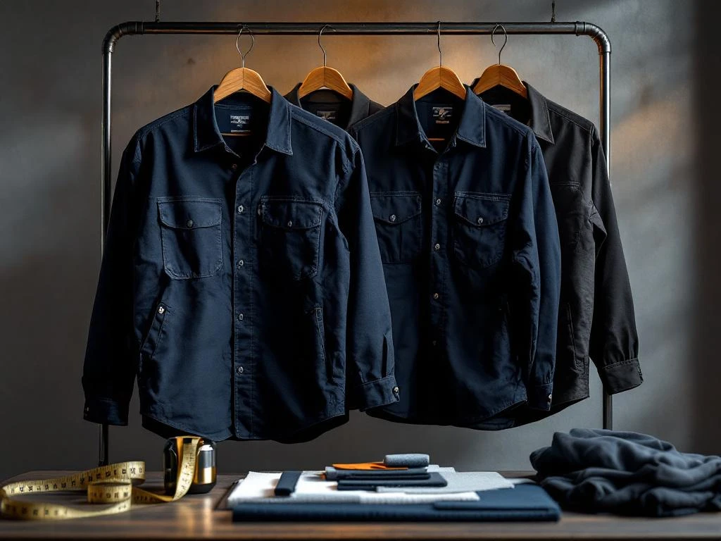 Hoogwaardige werkkleding in marineblauw en antraciet op industriële hangers met meetlint en stofstalen