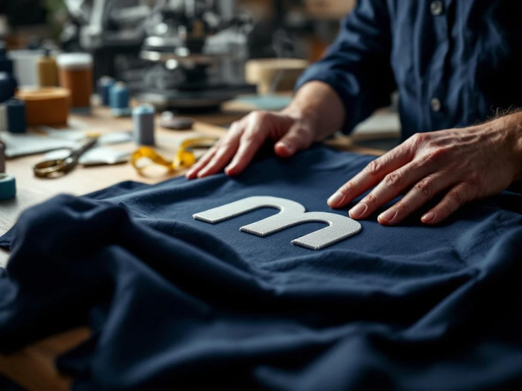 Handen positioneren bedrijfslogo op marineblauw werkkleding met warmtepers en borduurdraden op werkbank