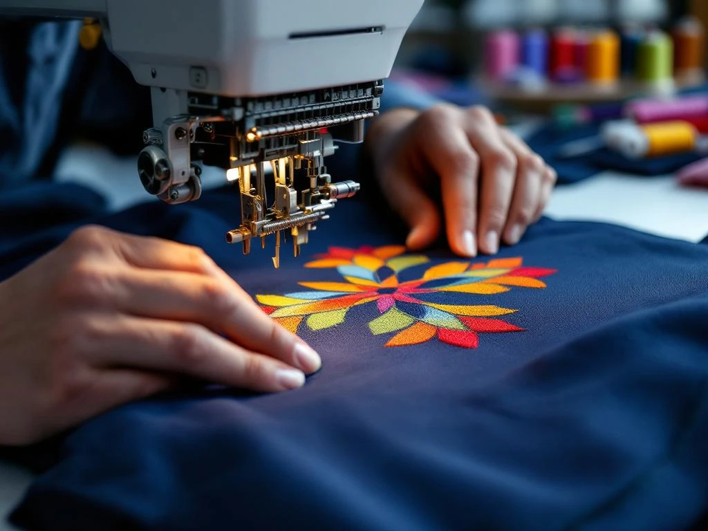 Handen bedienen industriële borduurmachine die bedrijfslogo op marineblauw werkkleding borduurt met kleurrijke garens