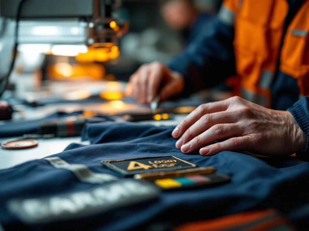 Professionele handen passen bedrijfslogo's toe op donkere werkkleding met borduurmachines en hittepers in studio