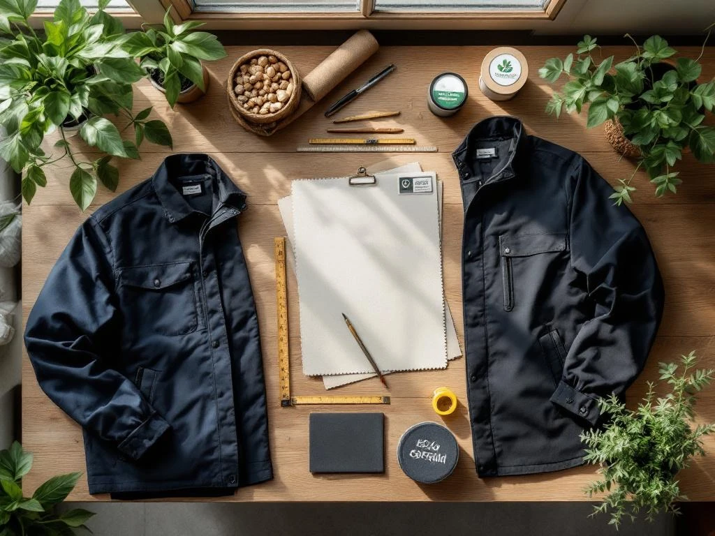 Duurzame bedrijfskleding in navy en antraciet op houten tafel met stoffen, meetlint en kwaliteitscertificaten.