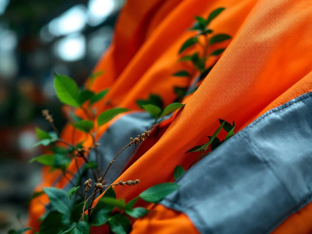 Oranje werkkleding met reflecterende strepen tussen groene planten en hout, duurzame veiligheidsuitrusting concept