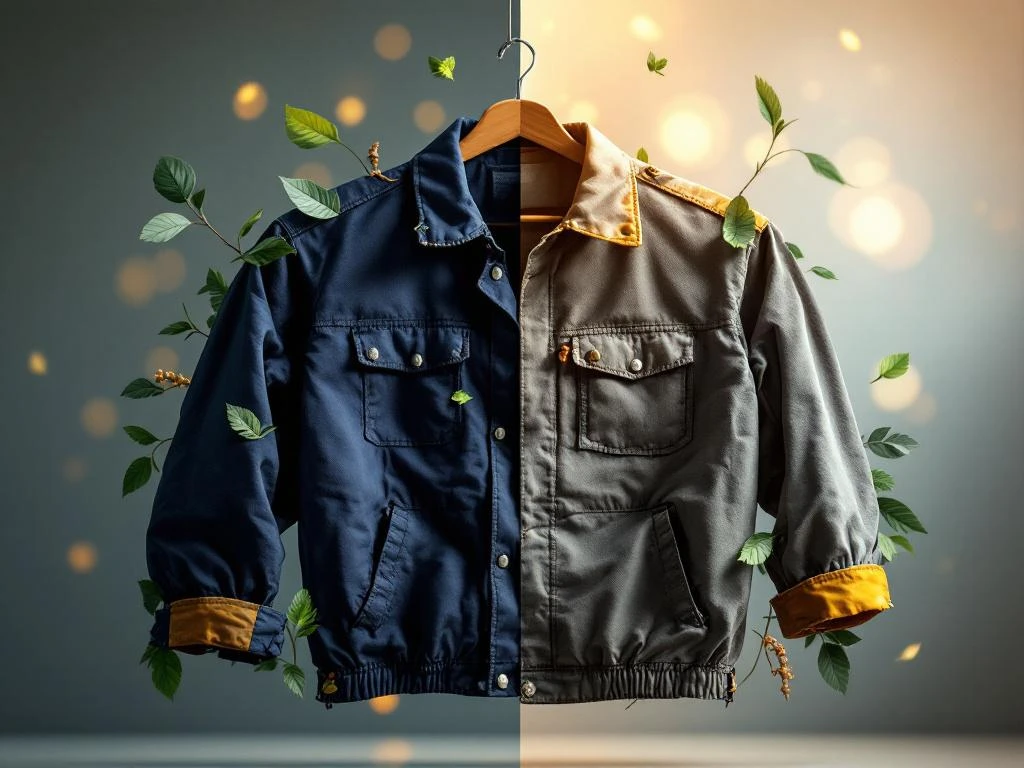 Duurzaam gemaakt marineblauw werkjasje naast vervaagd grijs conventioneel jasje in split-screen vergelijking