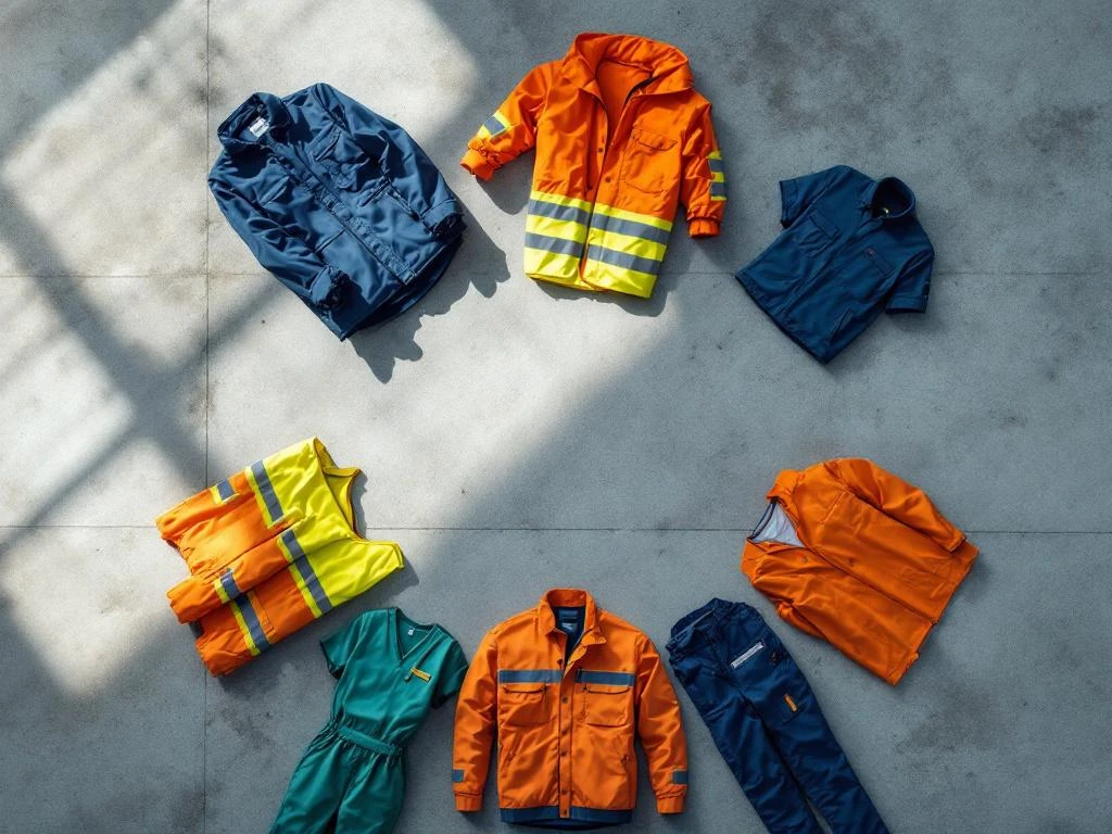 Duurzame werkkleding in radiaal patroon: veiligheidsvesten, werkjassen, scrubs en overalls op betonnen ondergrond