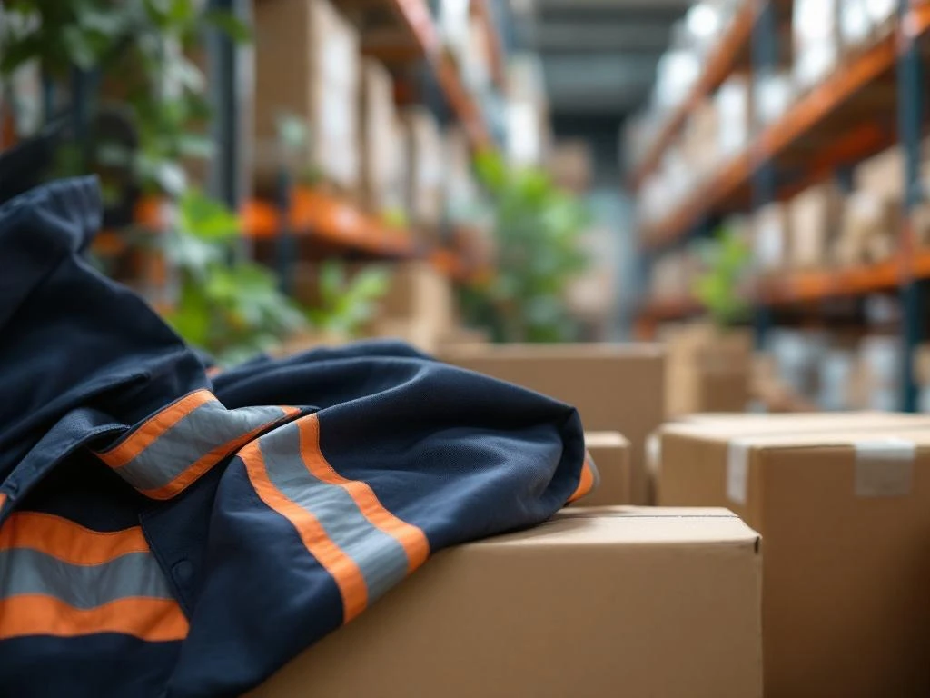 Duurzame werkjas in marineblauw en oranje met reflecterende strips op gerecyclede dozen in magazijn