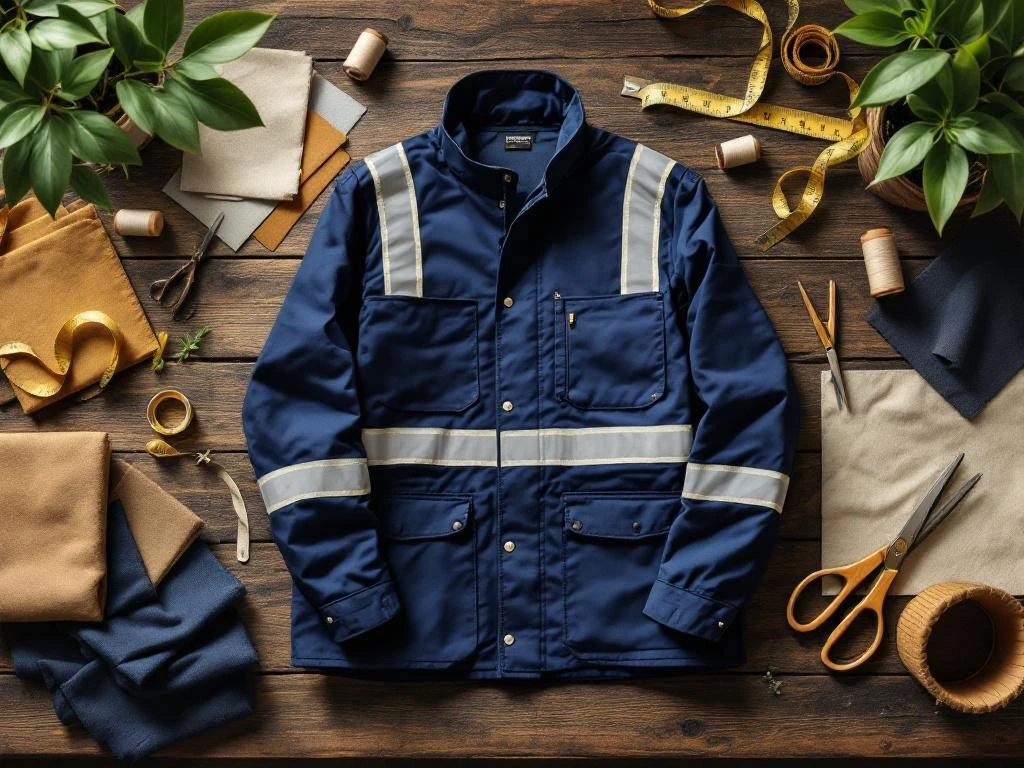 Maatwerk werkjas met reflecterende strips op werkbank met duurzame stoffen, meetlint en naaigerei