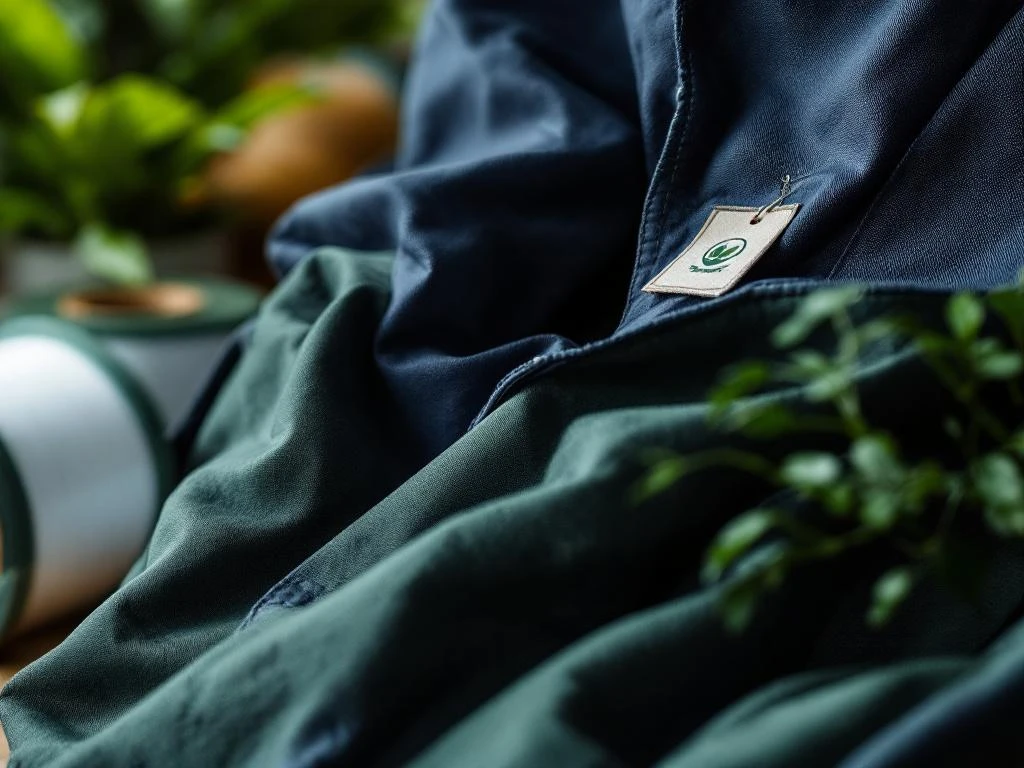 Duurzaam werkkleding textiel in marineblauw en bosgroen met versterkte naden en eco-certificering, natuurlijk katoen weefsel