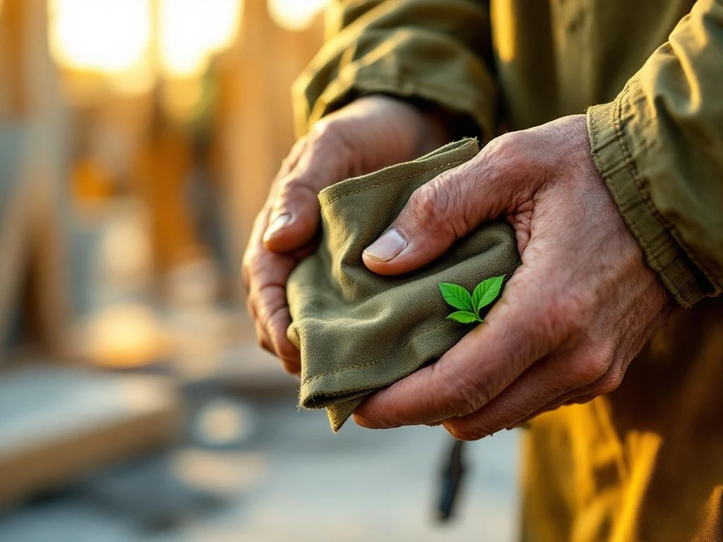 Verweerde handen van bouwvakker houden duurzame werkkleding in olijfgroen vast op bouwplaats