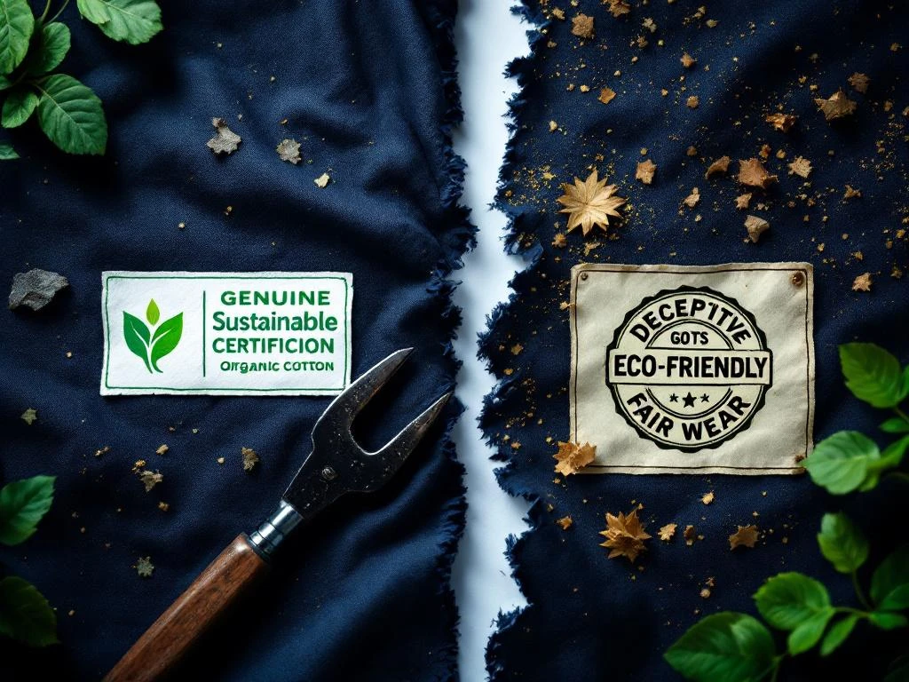 Marineblauw werkkleding weefsel met duurzaamheidscertificaten naast afbladderende greenwashing claims