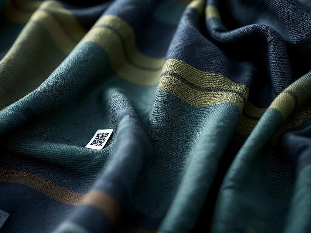 Duurzame werkkleding stof met certificeringslabels en textuurdetail in navy en groen tinten