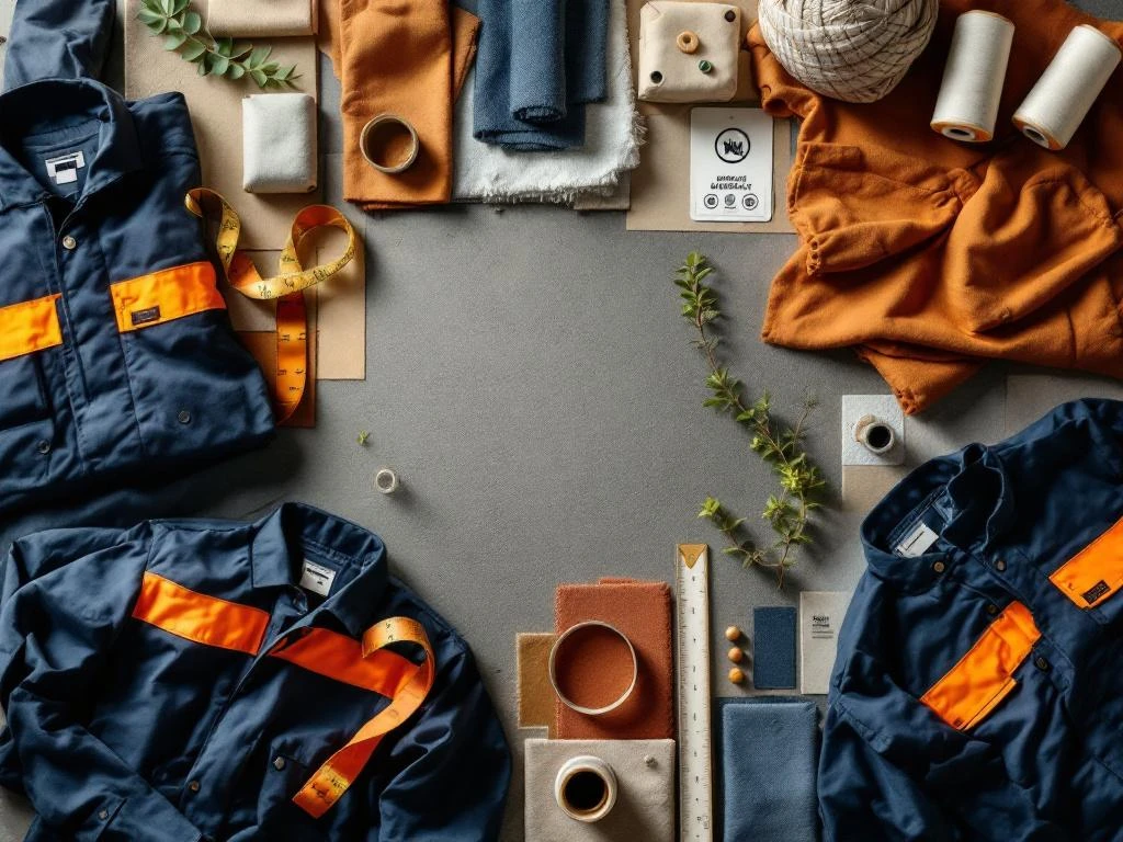 Duurzame werkkleding met navy werkjassen, oranje veiligheidsdetails, biologische stoffen en certificeringstags van bovenaf gefotografeerd