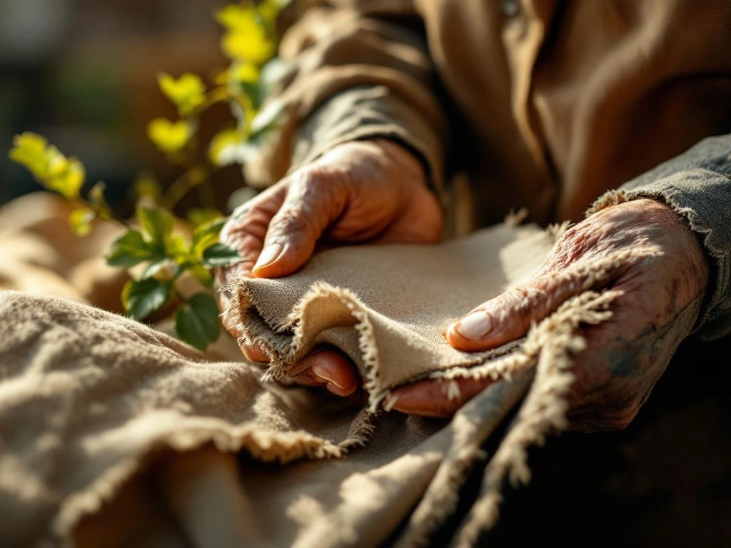 Verweerde handen houden duurzame stoflappen in aardse tinten vast met zichtbare biologische katoen en gerecyclede materialen