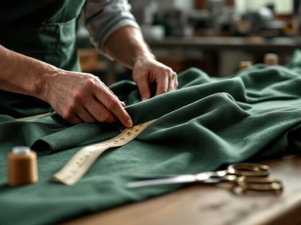 Handen meten en knippen duurzame groene stof met meetlint en schaar op werktafel voor bedrijfskleding