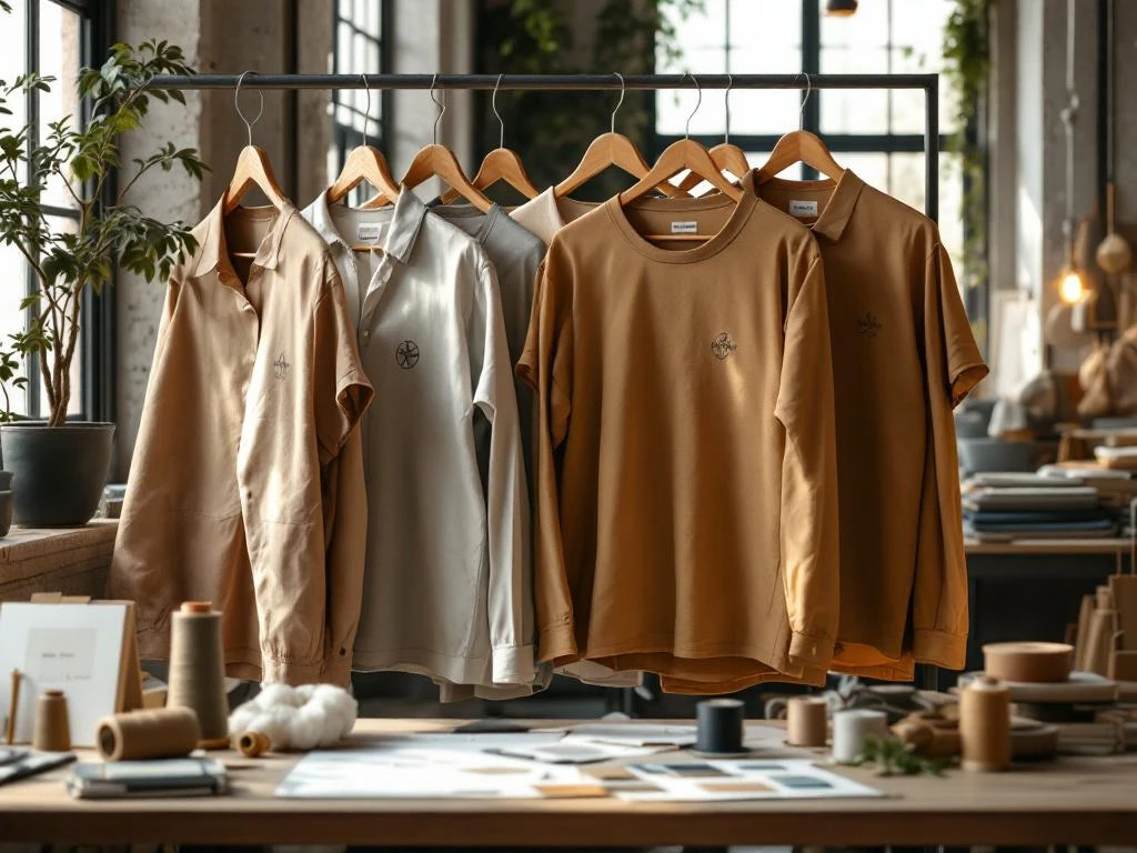 Duurzame werkkleding op houten hangers in textielfabriek met ontwerpschetsen en biologisch katoen op tafel