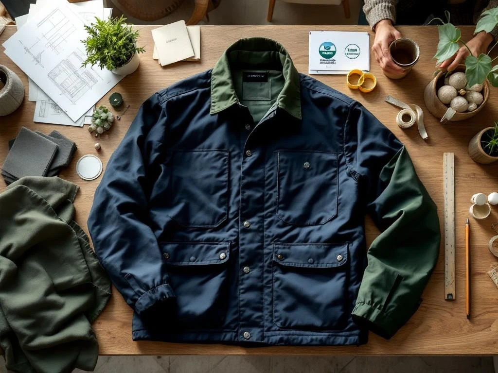 Navy blauwe werkjas met groene werkkleding op houten tafel met duurzame stoffen, meetlint en plantje bovenaanzicht