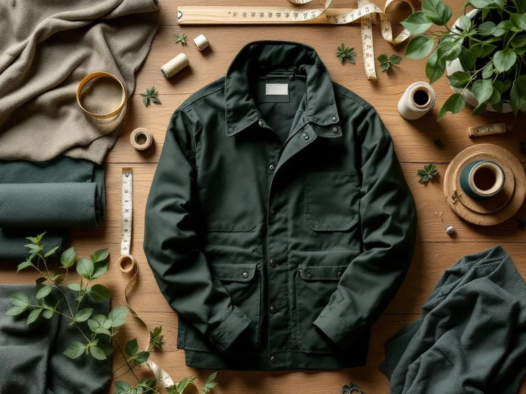 Duurzame werkkleding in marineblauw en bosgroen op houten tafel met biologisch katoen en meetlint