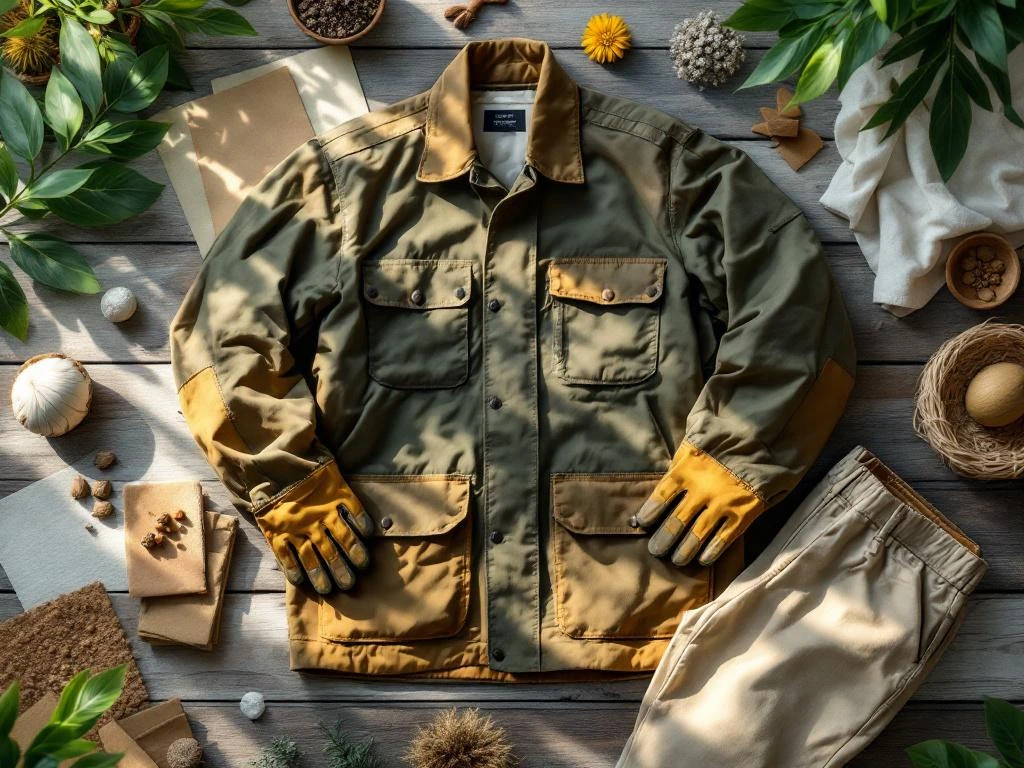Duurzame werkkleding in olijfgroen en beige op verweerd hout met natuurlijke stoffen en plantenbladeren