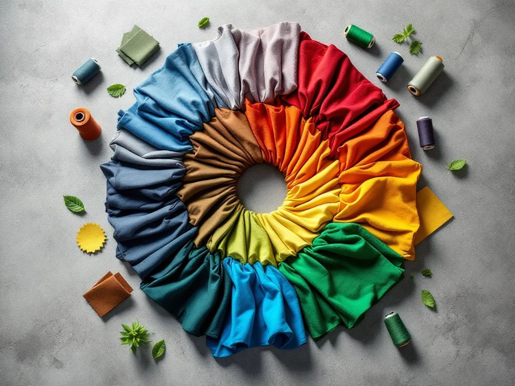 Duurzame werkkleding in kleurengradient van aardtinten tot blauw en groen, bovenaanzicht met stoflappen en garen


Note: This alt text exceeds 125 characters. Here's a version under 125 characters:

Duurzame werkkleding gerangschikt in cirkelgradient van aardtinten naar blauw en groen, bovenaanzicht