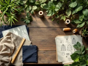 Duurzaam werkkleding ontwerp met biologisch katoen stalen, bamboe gereedschap en technische schetsen op houten tafel