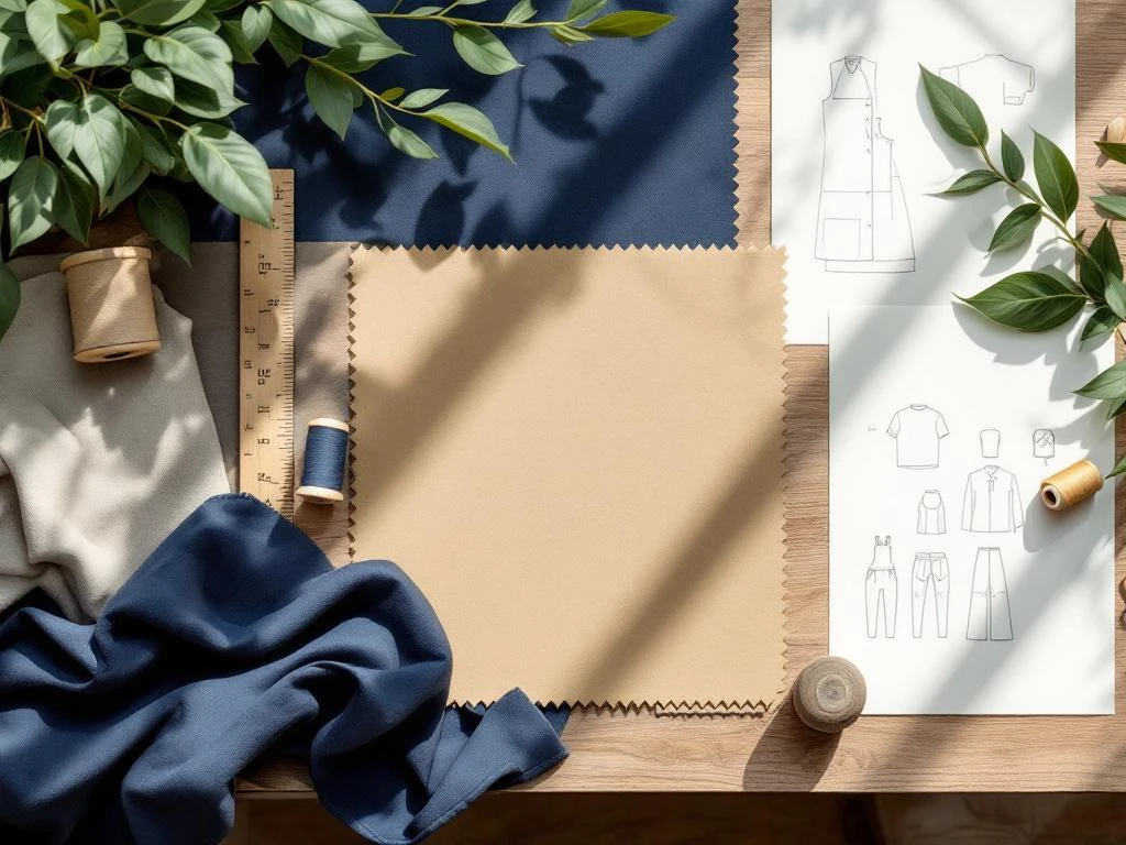 Duurzame werkkleding ontwerpelementen met biologisch katoen, gerecycled garen en houten gereedschap op werktafel