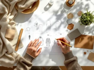 Handen schetsen duurzame werkkleding ontwerpen omringd door biologisch katoen stalen en materiaalmonsters op wit bureau