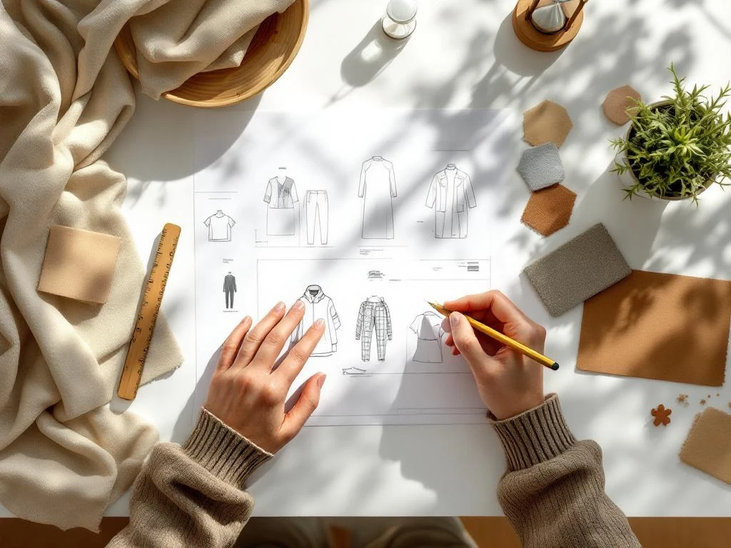 Handen schetsen duurzame werkkleding ontwerpen omringd door biologisch katoen stalen en materiaalmonsters op wit bureau