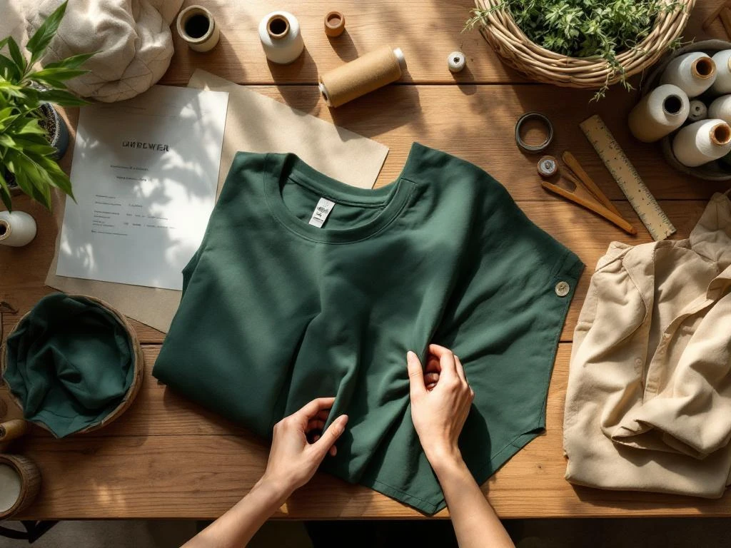 Handen schikken biologisch katoen op houten werkbank met duurzame materialen en natuurlijke kleurstoffen
