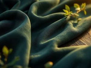 Duurzaam werkkleding textiel in marineblauw en bosgroen met zichtbare organische katoenvezels en eco-certificering