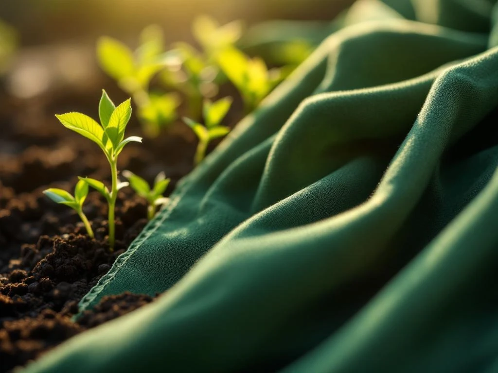 Duurzame werkkleding stof in bosgroen met natuurlijke katoen textuur en plantspruiten op achtergrond