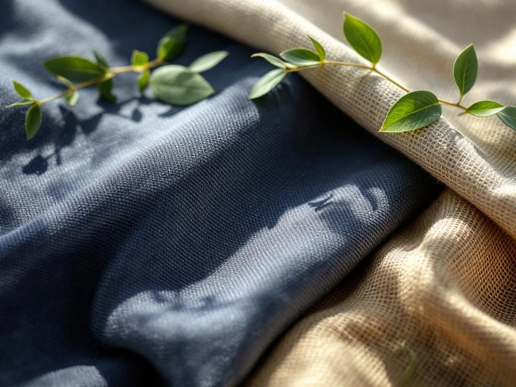 Duurzame werkkleding stoffen in navy, grijs en beige met natuurlijke textuur en groene bladeren
