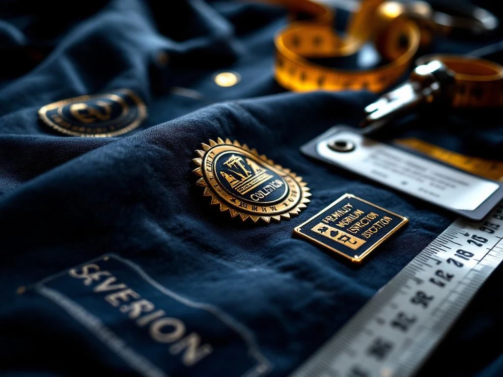 Certificeringsbadges en kwaliteitslabels op premium werkkleding met gouden en zilveren accenten