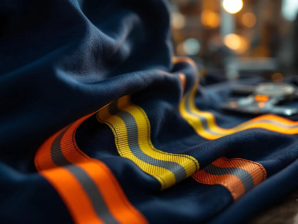 Duurzaam werkkleding met reflecterende strips op industriële veiligheidsapparatuur met certificeringssymbolen