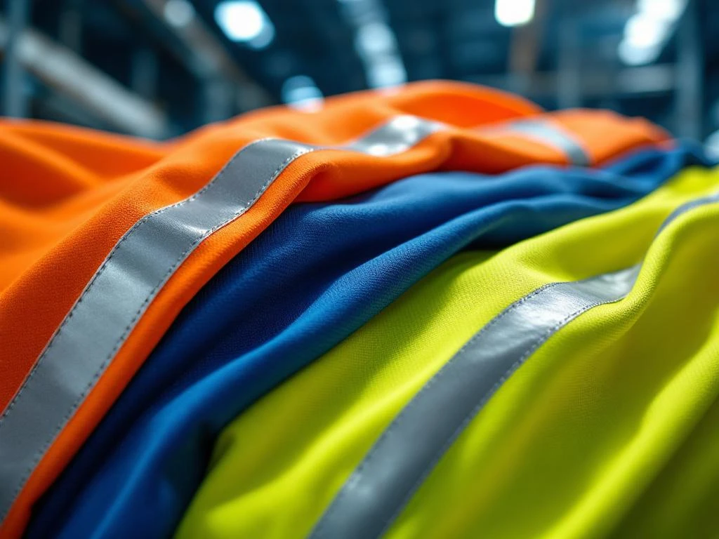 Gelaagde high-visibility werkkleding stoffen met reflecterende strips en vlamvertragende eigenschappen in close-up