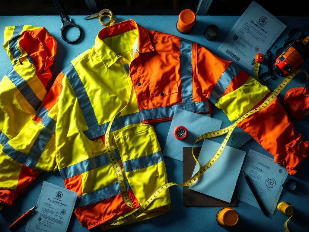 Fluorescerend oranje en geel veiligheidswerkkleding met reflecterende strips op werkbank met meetgereedschap