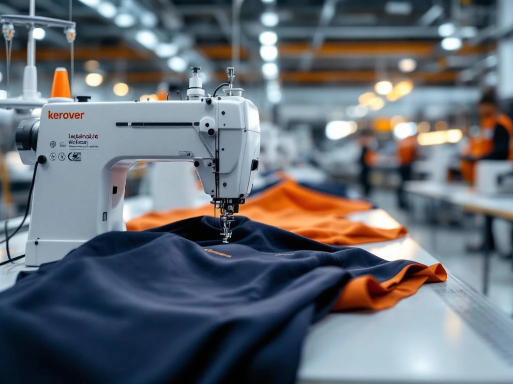 Industriële naaimachine borduurt werkkleding met duurzame stoffen in marineblauw en oranje in moderne productiefaciliteit