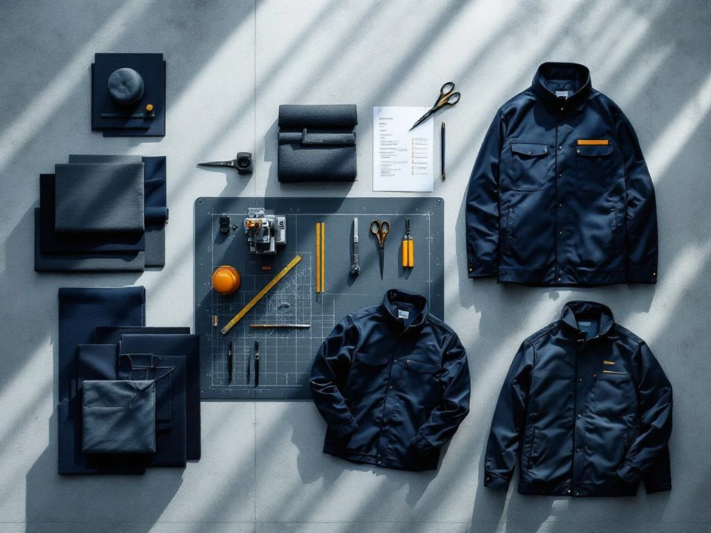 Kledingproductieproces in vijf fasen: stofstalen, schets, snijden, naaien tot afgewerkt werkjasje met kwaliteitscontrole