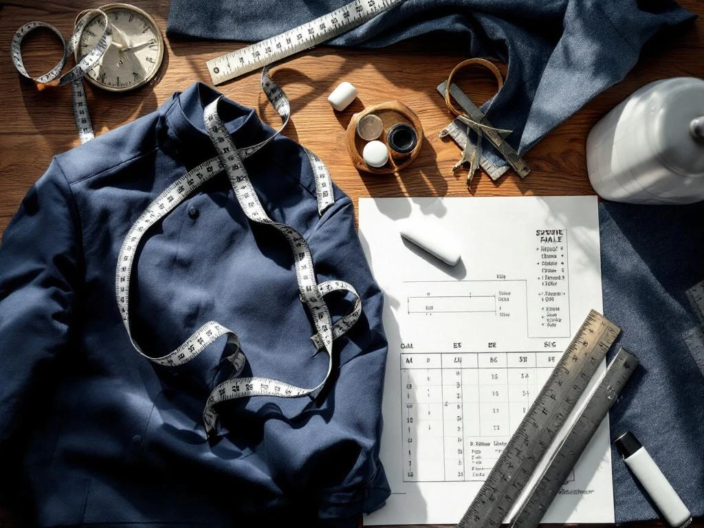 Kleermaker werkplek met meetlint op marine werkkleding stof, liniaal en maatgereedschap op houten tafel